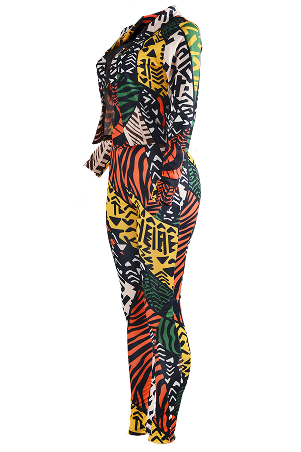  Fashionable Turndown Collar Printed Polyester Two-piece Pants Set