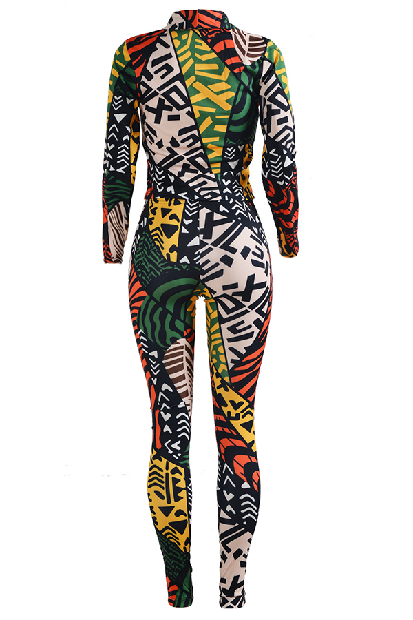  Fashionable Turndown Collar Printed Polyester Two-piece Pants Set