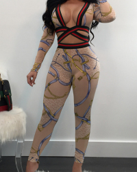  Khaki Cotton Blends Pants Print V Neck Long Sleeve Sexy Two Pieces