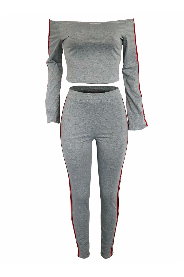  Leisure Dew Shoulder Striped Patchwork Grey Polyester Two-piece Pants Set