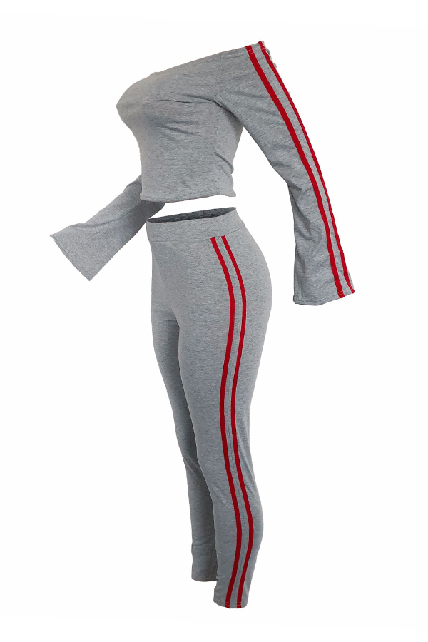  Leisure Dew Shoulder Striped Patchwork Grey Polyester Two-piece Pants Set
