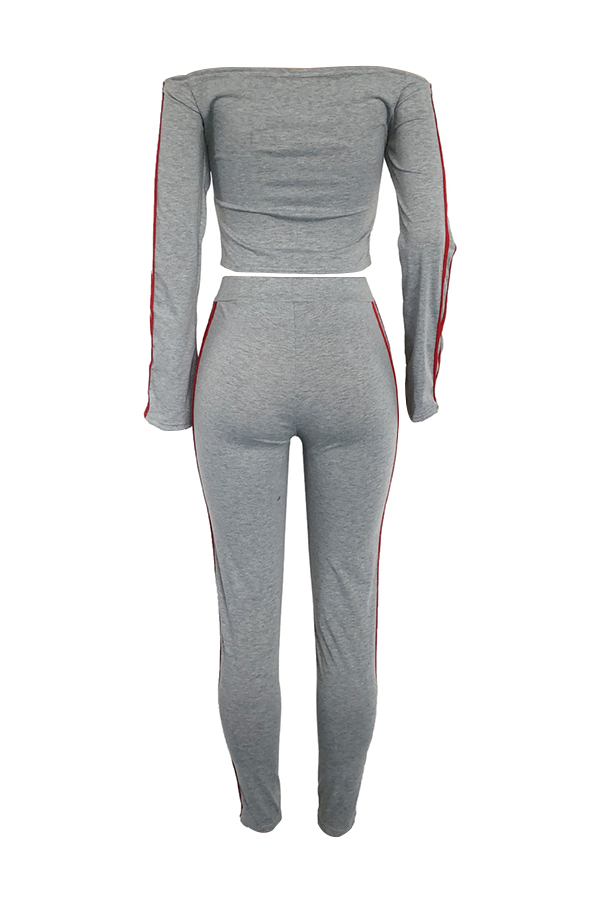 Leisure Dew Shoulder Striped Patchwork Grey Polyester Two-piece Pants Set