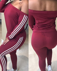  Leisure Dew Shoulder Striped Patchwork Wine Red Milk Fiber Two-piece Pants Set