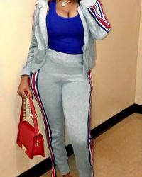  Leisure Hooded Collar Patchwork Grey Cotton Two-Piece Pants Set