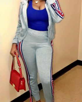  Leisure Hooded Collar Patchwork Grey Cotton Two-Piece Pants Set