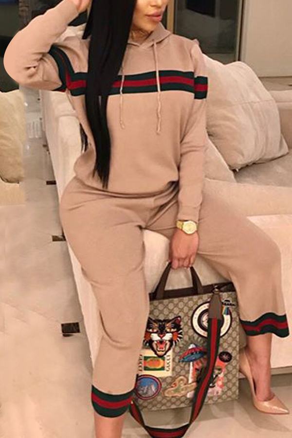  Leisure Hooded Collar Patchwork Pink Cotton Two-piece Pants Set