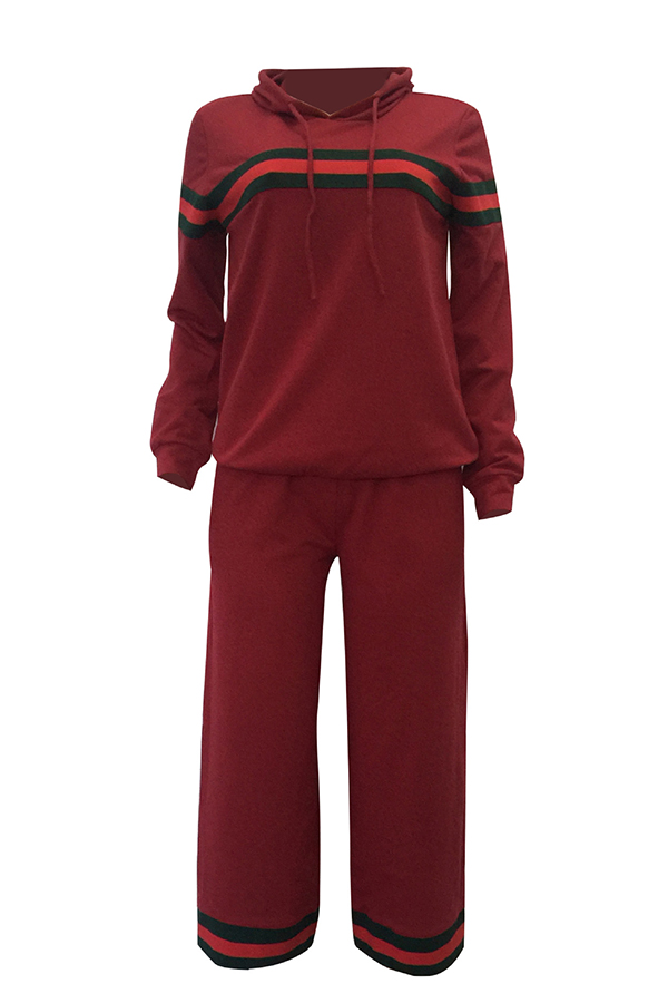  Leisure Hooded Collar Patchwork Wine Red Cotton Two-piece Pants Set