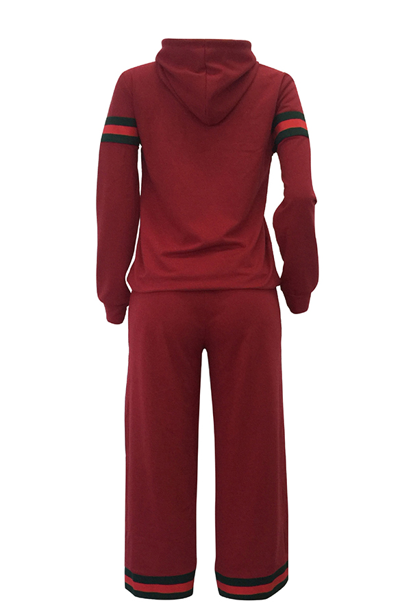  Leisure Hooded Collar Patchwork Wine Red Cotton Two-piece Pants Set
