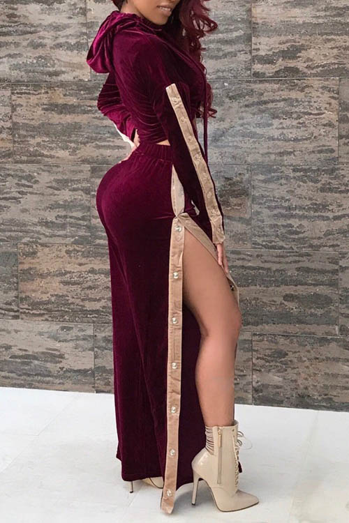 Leisure Hooded Collar Purple Velvet Two-piece Pants Set