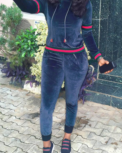 Leisure Long Sleeves Patchwork Blue Velvet Two-piece Pants Set Leisure Long Sleeves Patchwork Blue Velvet Two-piece Pants Set