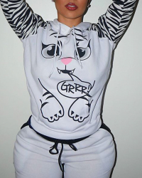  Leisure Long Sleeves Printed White Cotton Two-piece Pants Set