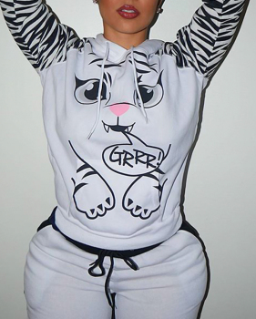  Leisure Long Sleeves Printed White Cotton Two-piece Pants Set