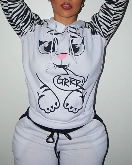 Leisure Long Sleeves Printed White Cotton Two-piece Pants Set Leisure Long Sleeves Printed White Cotton Two-piece Pants Set