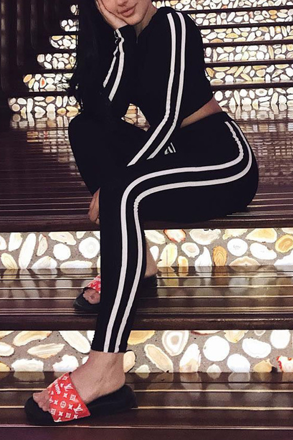  Leisure Long Sleeves Striped Patchwork Black Velvet Two-piece Pants Set