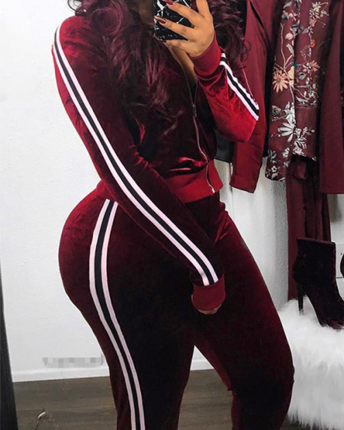 Leisure Mandarin Collar Striped Wine Red Velvet Two-piece Pants Set Leisure Mandarin Collar Striped Wine Red Velvet Two-piece Pants Set