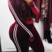 Leisure Mandarin Collar Striped Wine Red Velvet Two-piece Pants Set Leisure Mandarin Collar Striped Wine Red Velvet Two-piece Pants Set