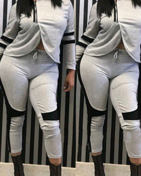  Leisure Patchwork Grey Blending Two-piece Pants Set 