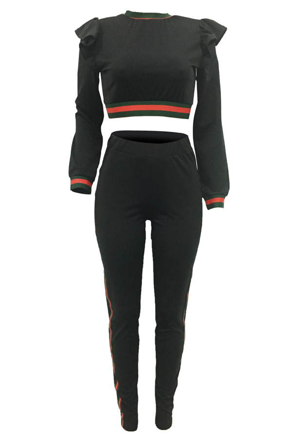  Leisure Round Neck Falbala Design Black Knitting Two-piece Pants Set