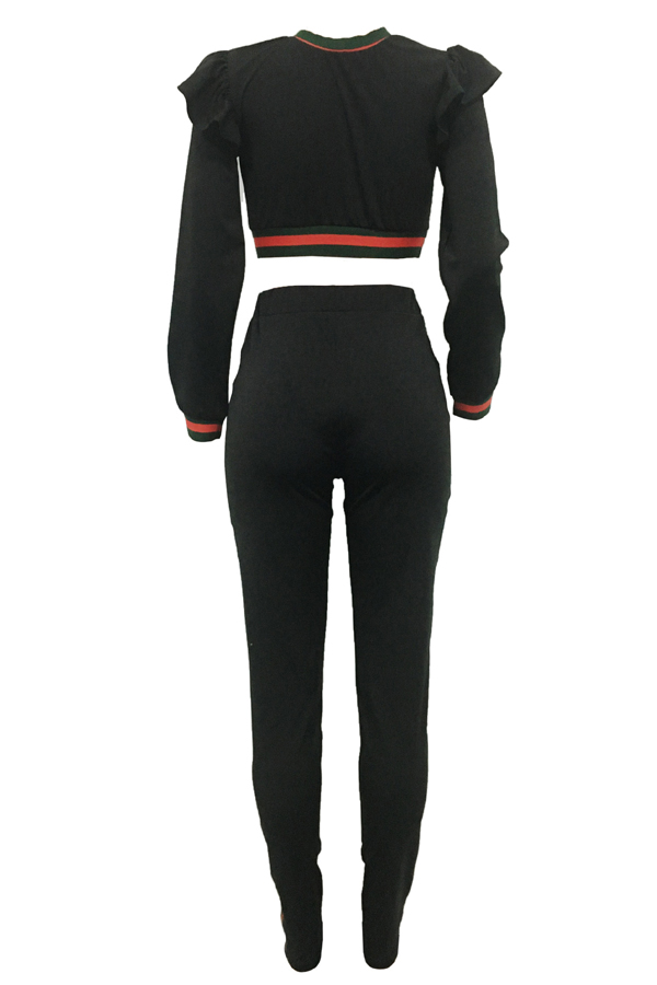  Leisure Round Neck Falbala Design Black Knitting Two-piece Pants Set