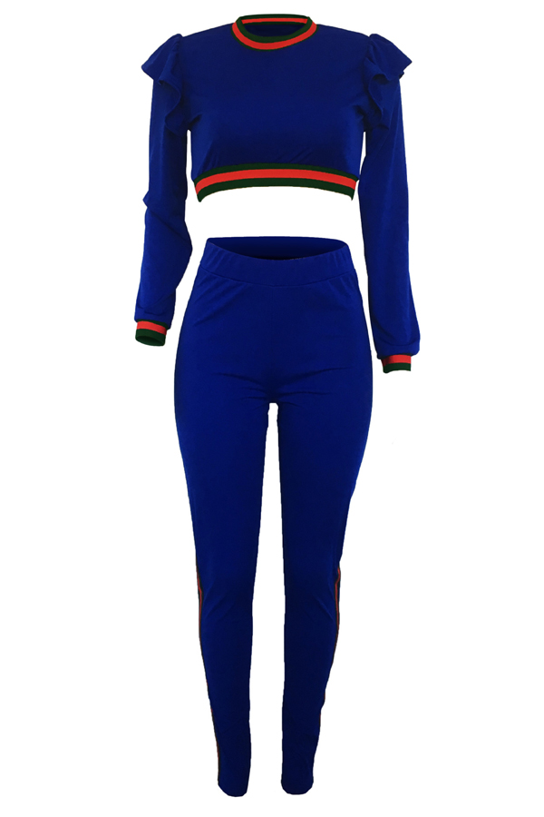  Leisure Round Neck Falbala Design Blue Knitting Two-piece Pants Set