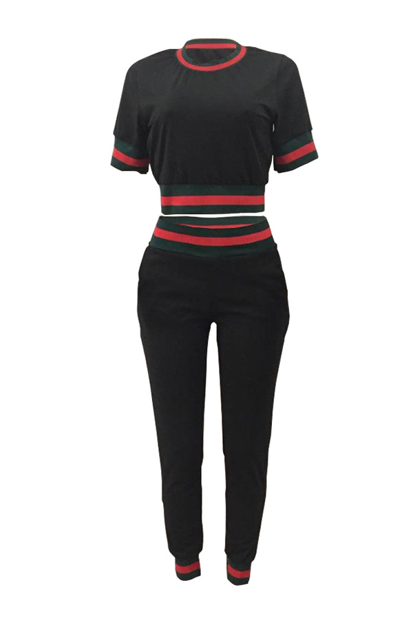  Leisure Round Neck Patchwork Black Knitting Two-piece Pants Set