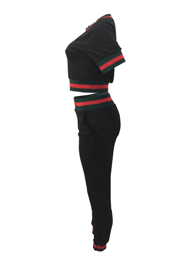  Leisure Round Neck Patchwork Black Knitting Two-piece Pants Set