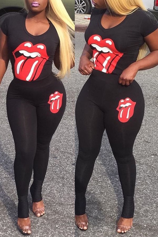  Leisure Round Neck Printed Black Knitting Two-piece Pants Set