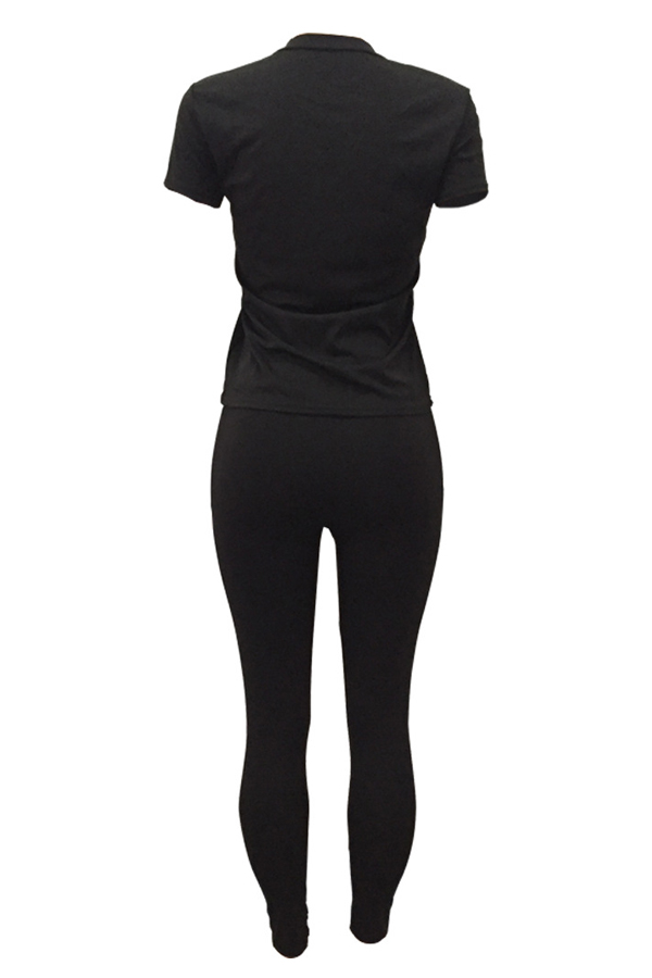  Leisure Round Neck Printed Black Knitting Two-piece Pants Set