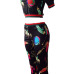  Leisure Round Neck Printed Black Polyester Two-piece Pants Set