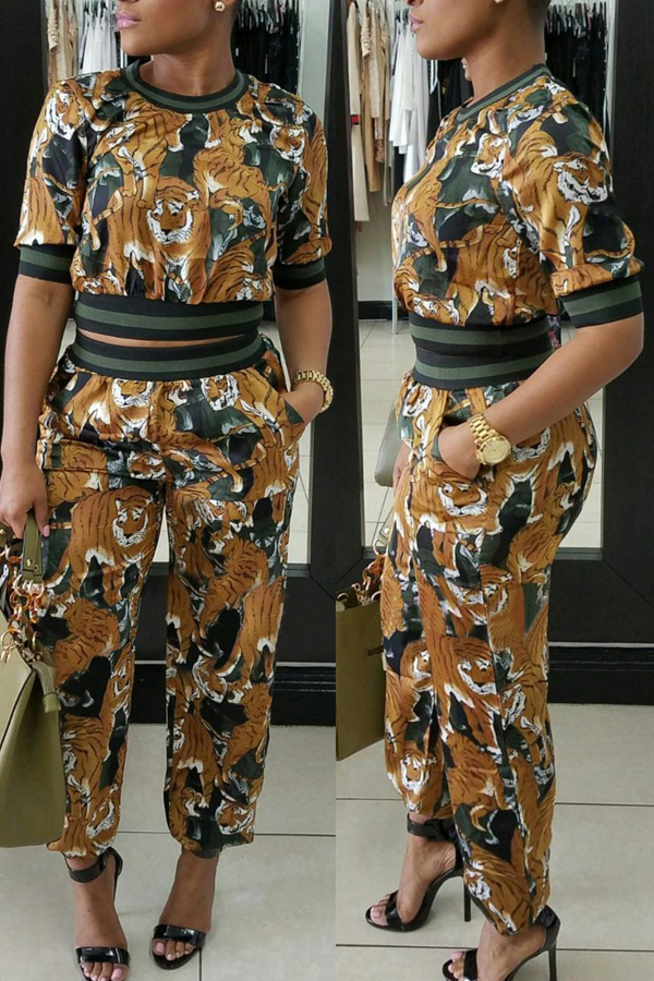  Leisure Round Neck Printed Patchwork Yellow Cotton Two-piece Pants Set