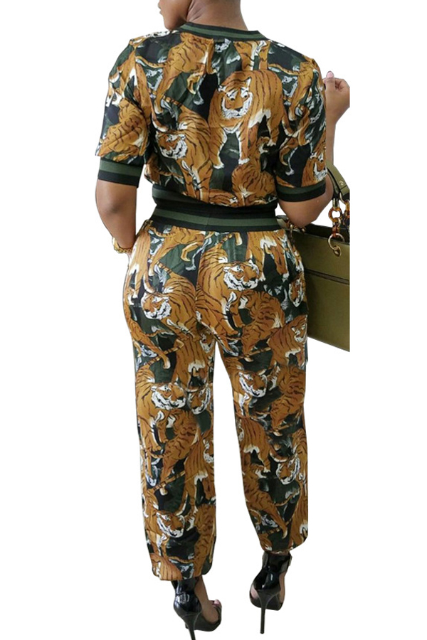  Leisure Round Neck Printed Patchwork Yellow Cotton Two-piece Pants Set