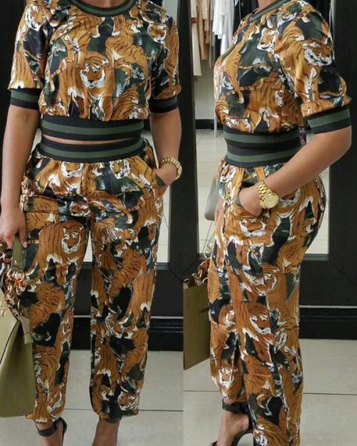 Leisure Round Neck Printed Patchwork Yellow Cotton Two-piece Pants Set Leisure Round Neck Printed Patchwork Yellow Cotton Two-piece Pants Set