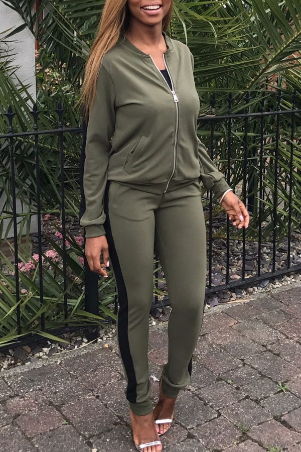 Leisure Round Neck Zipper Design Green Blending Two-piece Pants Set