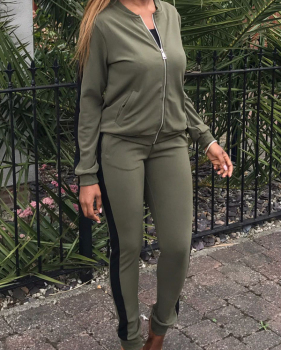  Leisure Round Neck Zipper Design Green Blending Two-piece Pants Set