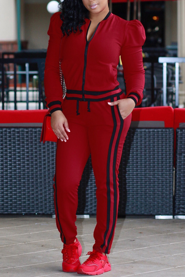  Leisure Round Neck Zipper Design Red Cotton Two-piece Pants Set
