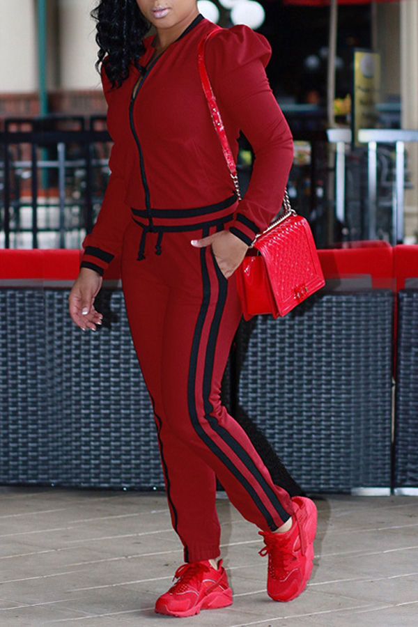  Leisure Round Neck Zipper Design Red Cotton Two-piece Pants Set