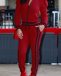  Leisure Round Neck Zipper Design Red Cotton Two-piece Pants Set