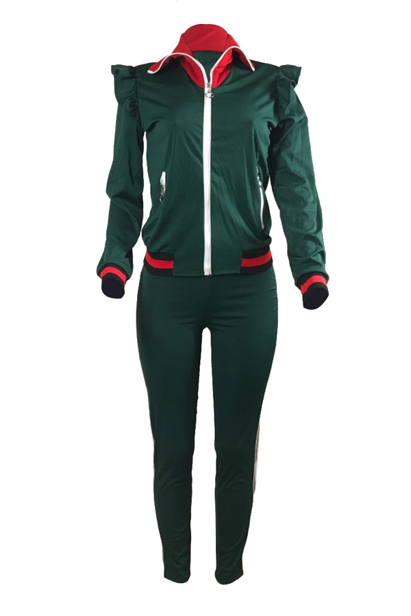  Leisure Turndown Collar Long Sleeves Zipper Design Green Cotton Two-piece Pants Set