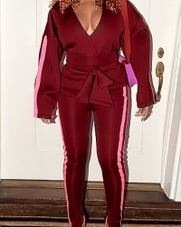  Leisure V Neck Striped Slit Hem Red Polyester Two-Piece Pants Set(With Belt)