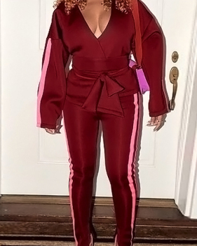  Leisure V Neck Striped Slit Hem Red Polyester Two-Piece Pants Set(With Belt)