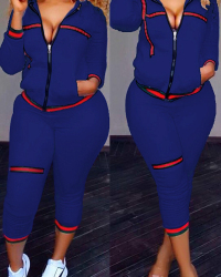  Leisure Zipper Design Dark Blue Knitting Two-piece Pants Set