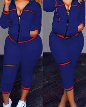  Leisure Zipper Design Dark Blue Knitting Two-piece Pants Set