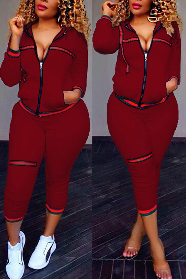  Leisure Zipper Design Wine Red Knitting Two-piece Pants Set