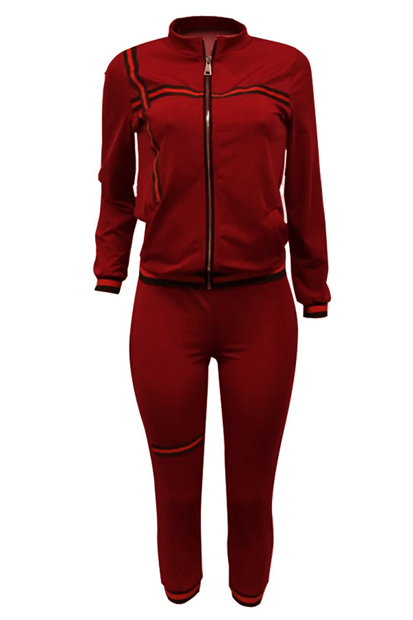  Leisure Zipper Design Wine Red Knitting Two-piece Pants Set