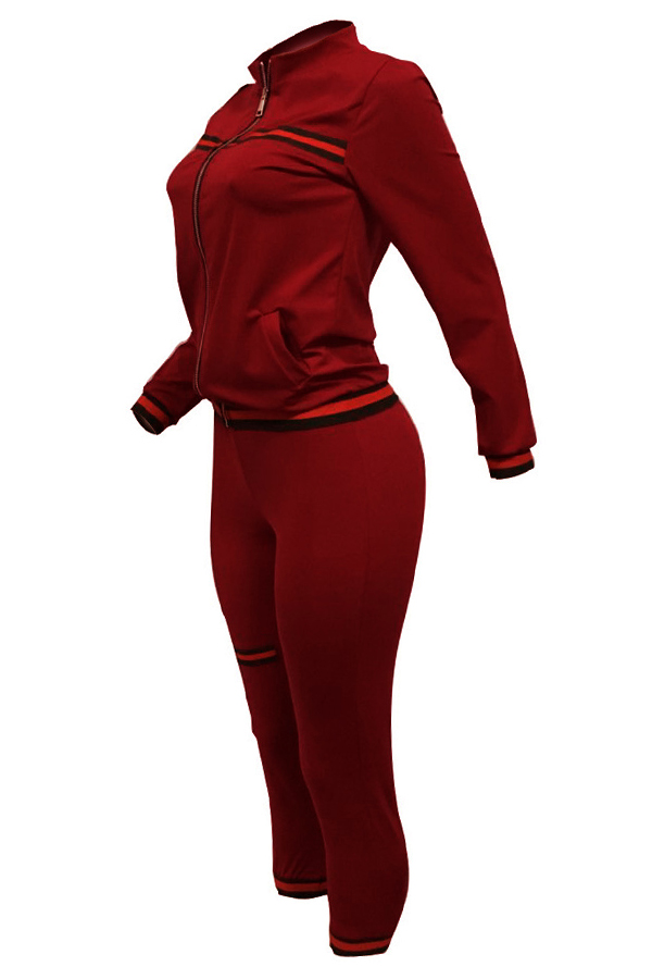  Leisure Zipper Design Wine Red Knitting Two-piece Pants Set