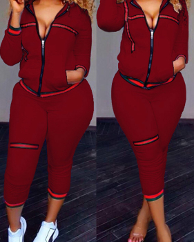  Leisure Zipper Design Wine Red Knitting Two-piece Pants Set