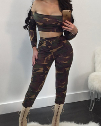  Multi Polyester Pants Color Block Bateau Neck Long Sleeve Casual Two Pieces