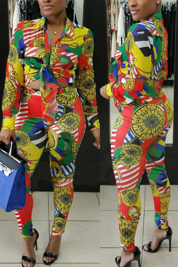  Multi Polyester Pants Print Turndown Collar Long Sleeve Casual Two Pieces