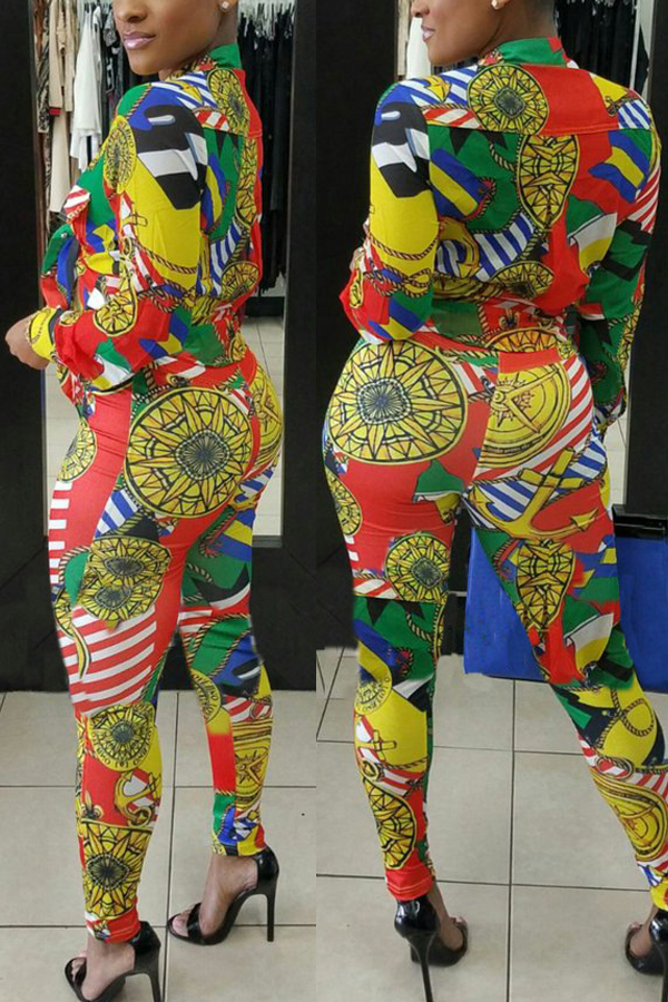  Multi Polyester Pants Print Turndown Collar Long Sleeve Casual Two Pieces