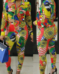  Multi Polyester Pants Print Turndown Collar Long Sleeve Casual Two Pieces